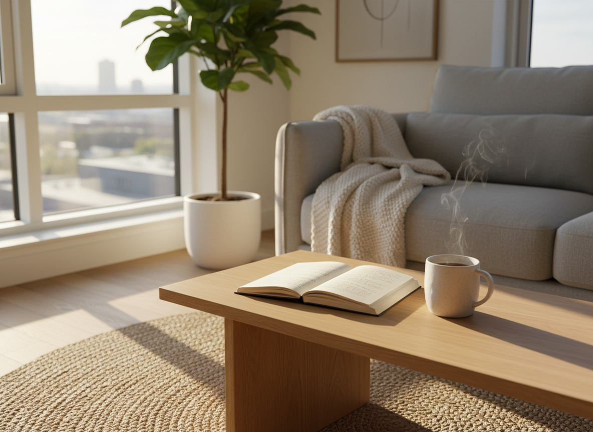 A sunlit, minimalist living room corner designed for quiet reflection, centered around a low, pale oak coffee table with a single open linen-bound journal and a smooth ceramic mug of tea. A neatly folded knitted throw rests on a light gray sofa arm, while a tall leafy plant softens the edge of a floor-to-ceiling window. Golden morning light pours in, casting gentle, elongated shadows across a natural jute rug. Photographic realism, shot at eye level with a shallow depth of field, keeping the journal and mug in crisp focus while the background blurs softly. The atmosphere feels calm, sophisticated, and quietly optimistic, evoking the start of a balanced, positive day.