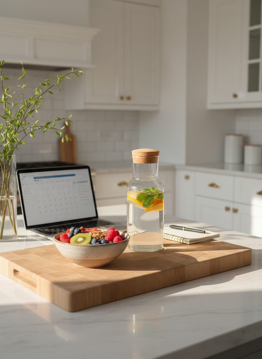 A carefully arranged kitchen island scene featuring a wooden cutting board with a colorful, wholesome breakfast bowl of fresh berries, sliced kiwi, and toasted oats beside a glass carafe of infused water with citrus slices and mint. Behind, a laptop sits slightly open next to a slim notepad and pen, suggesting planning an intentional day. The space is bright and airy, with white cabinetry, brushed brass hardware, and a vase of seasonal branches against a subway-tile backsplash. Soft midday natural light streams in from an unseen window, creating crisp but inviting shadows. Photographic realism, captured from a slightly elevated angle using the rule of thirds, conveying practical, everyday wellness and cheerful productivity in a modern, sophisticated home.
