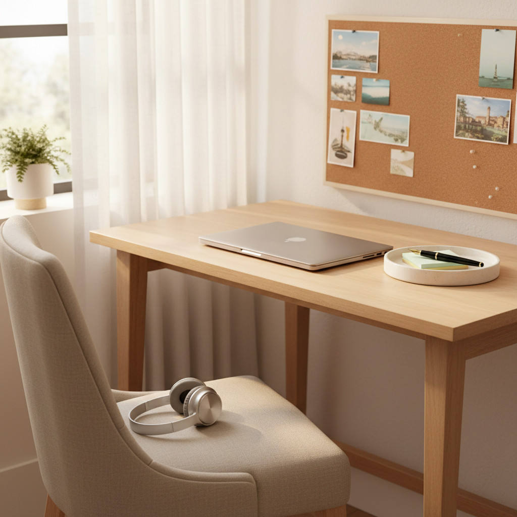 A small, beautifully organized home office nook tucked beside a window, featuring a clean, light wood desk with a closed slim laptop, a ceramic tray holding neatly stacked sticky notes, and a single fountain pen. A corkboard with pinned, abstract color swatches and travel postcards (no readable text) hangs above, while a pair of wireless headphones rests on a linen-upholstered chair. Soft late-afternoon light filters through sheer curtains, creating a warm, diffused glow with subtle highlights on the desktop. Photographic realism, shot from a three-quarter angle with moderate depth of field to keep the workspace clear and uncluttered. The mood is focused yet relaxed, suggesting personal growth, planning, and creative everyday living with a refined, modern aesthetic.