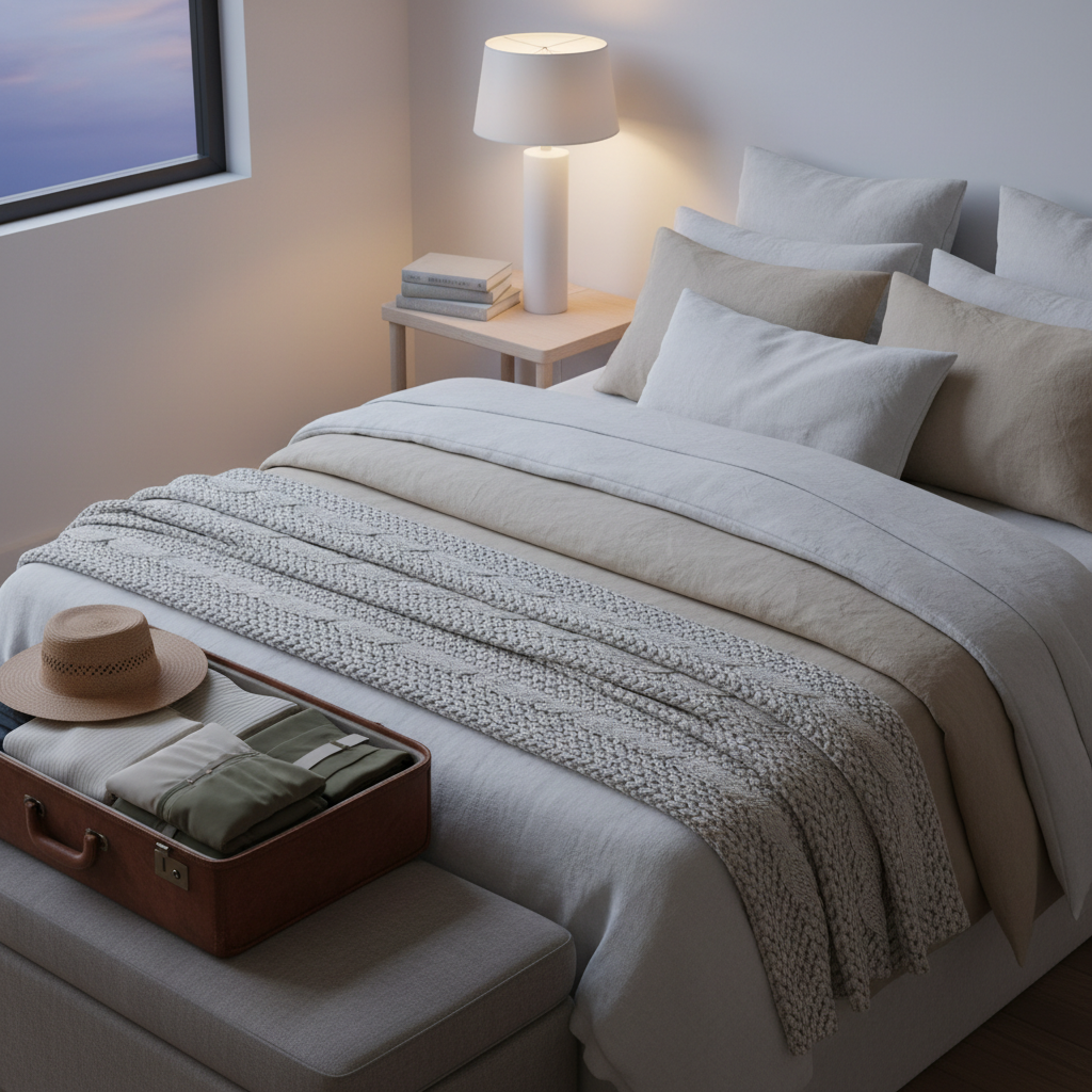 A cozy yet elegant bedroom scene with a neatly made bed in layered white and sand-colored linens, a textured knit throw folded at the foot, and a small stack of hardcover books on a slim, light-wood bedside table. A simple ceramic lamp with a warm bulb casts a soft pool of light, while beyond, a large suitcase partly packed with neutral-toned clothing and a folded straw hat sits on an upholstered bench, hinting at upcoming travel. The room is illuminated by a mix of gentle evening lamplight and faint twilight through a nearby window. Photographic realism, captured from a slightly elevated diagonal angle, creating a serene, hopeful atmosphere of rest, reflection, and anticipation for new journeys.