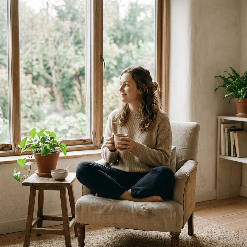 Woman sitting cross-legged in an armchair, holding a cup of tea